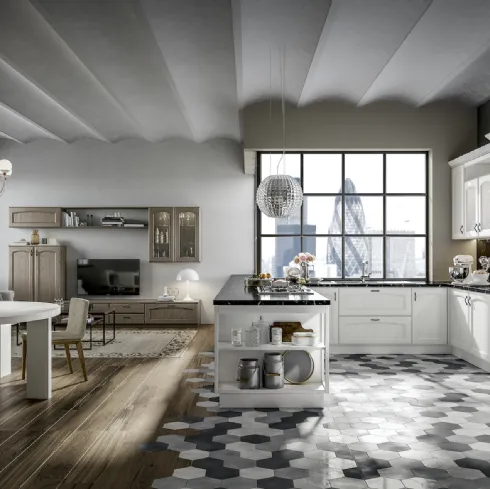 Cucina Classica con penisola Cantica 06 in Frassino laccato Bianco con top in marmo di Home Cucine