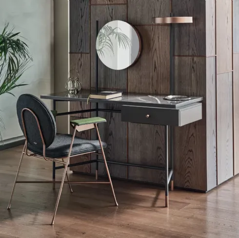 Scrittoio Vanity con top in marmo, cassetto in legno laccato e struttura in acciaio di Bontempi