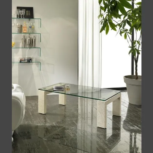 Tavolino Millerighe con base in pietra fossile e top in vetro temprato di Stones