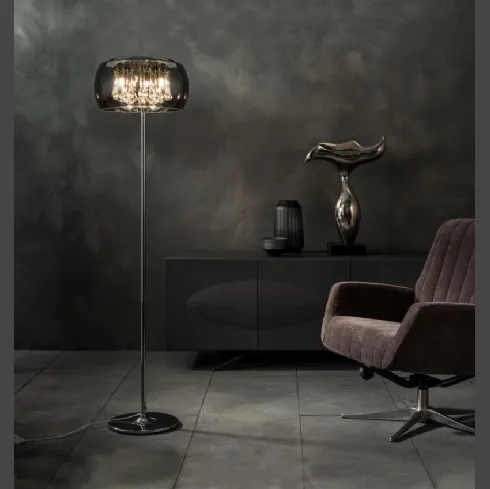 Lampada da terra Mirror con pendenti in cristallo e paralume in vetro e specchio di Stones