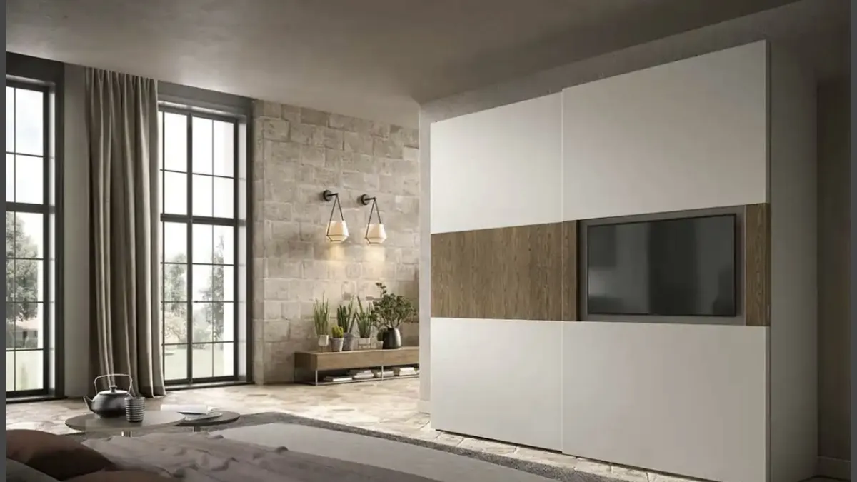 Armadio con ante scorrevoli Brunale TV S159 in laccato e impiallacciato rovere di Moretti Compact Giorno Notte