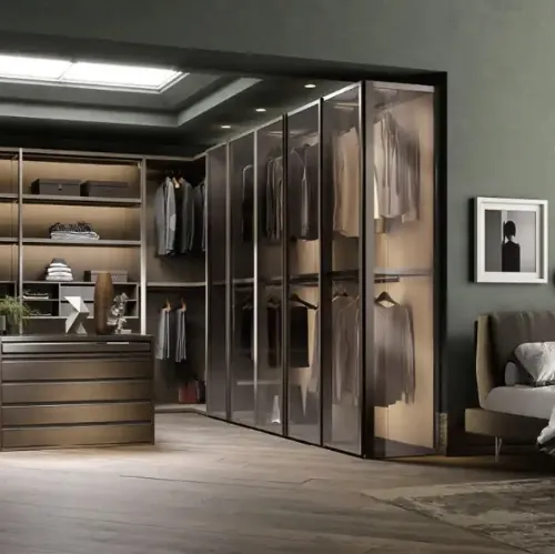 Cabina armadio Antares A122 in nobilitato rovere con ante in vetro di Moretti Compact Giorno Notte