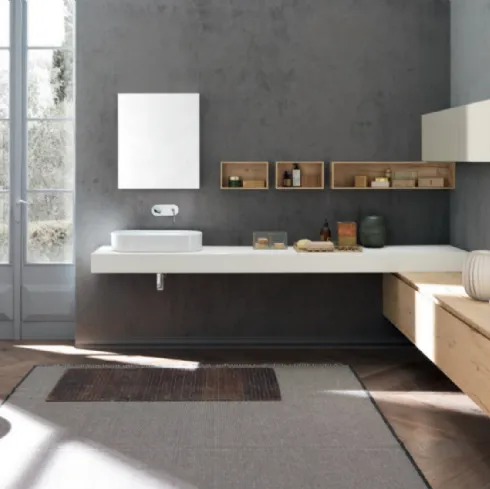 Mobile da Bagno M2 System C216 in melaminico effetto legno con top in ecomalta Bianca di Baxar