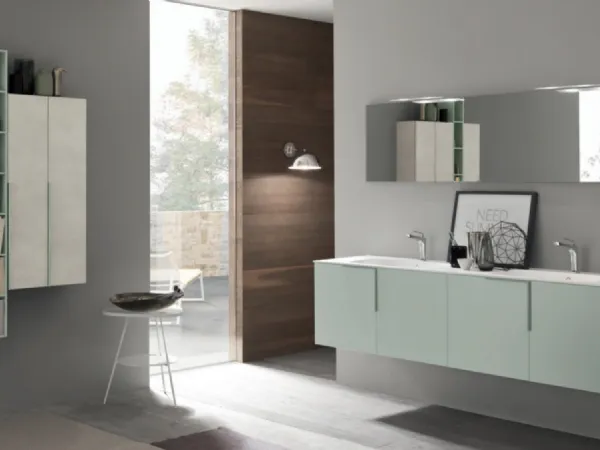 Mobile da bagno sospeso M System C014 in laccato opaco Verde Polvere di Baxar