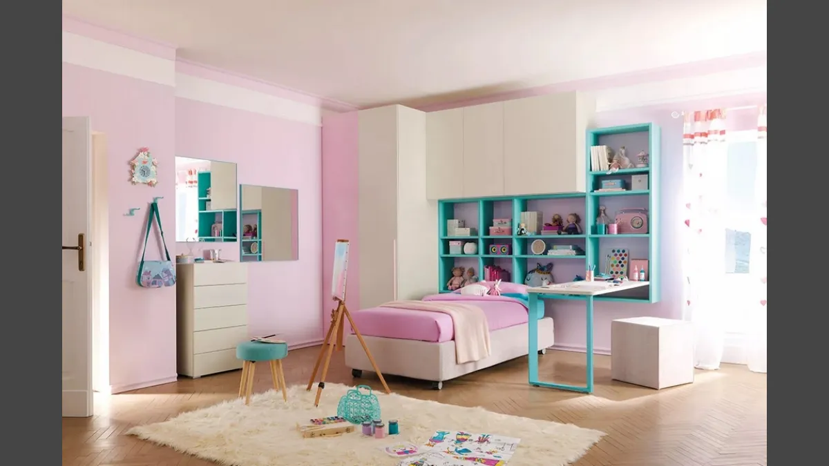 Cameretta a ponte per ragazze con letto in tessuto KC408 di Moretti Compact