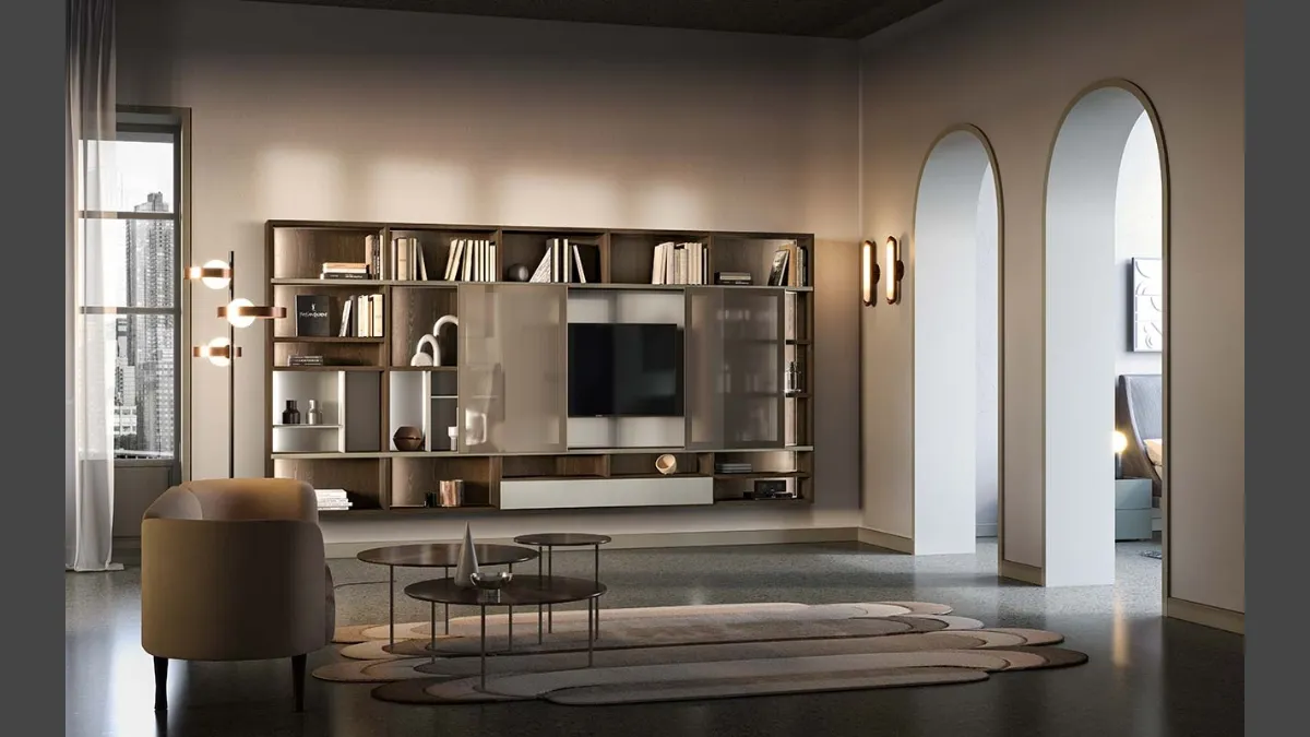 Libreria a muro Kosmos KL203 in legno e vetro di Mercantini