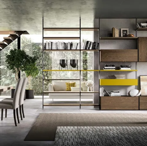 Libreria a muro e divisoria Kosmos KL219 in legno e laccato opaco di Mercantini