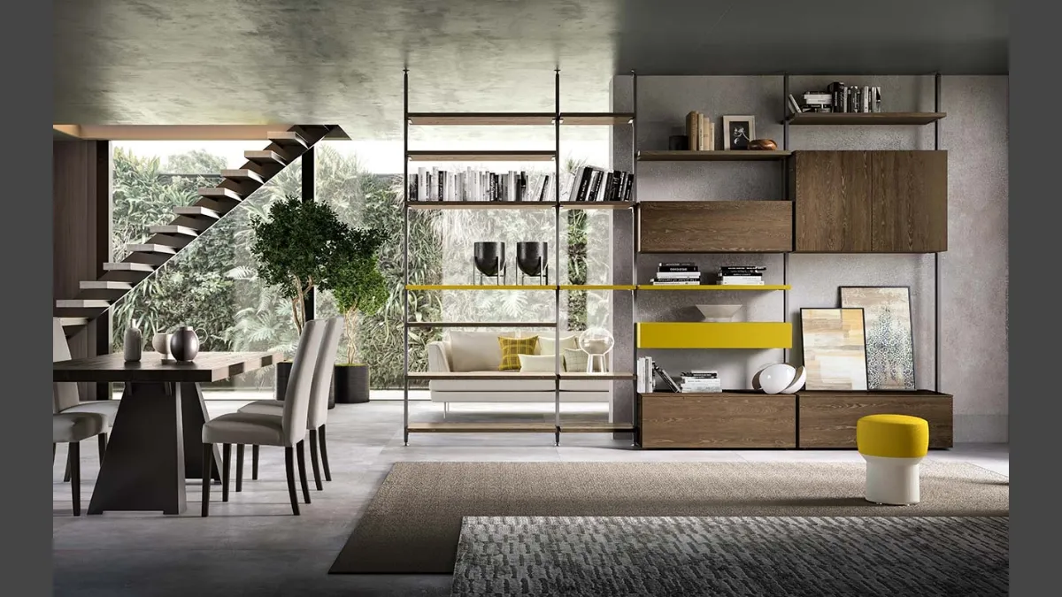 Libreria a muro e divisoria Kosmos KL219 in legno e laccato opaco di Mercantini