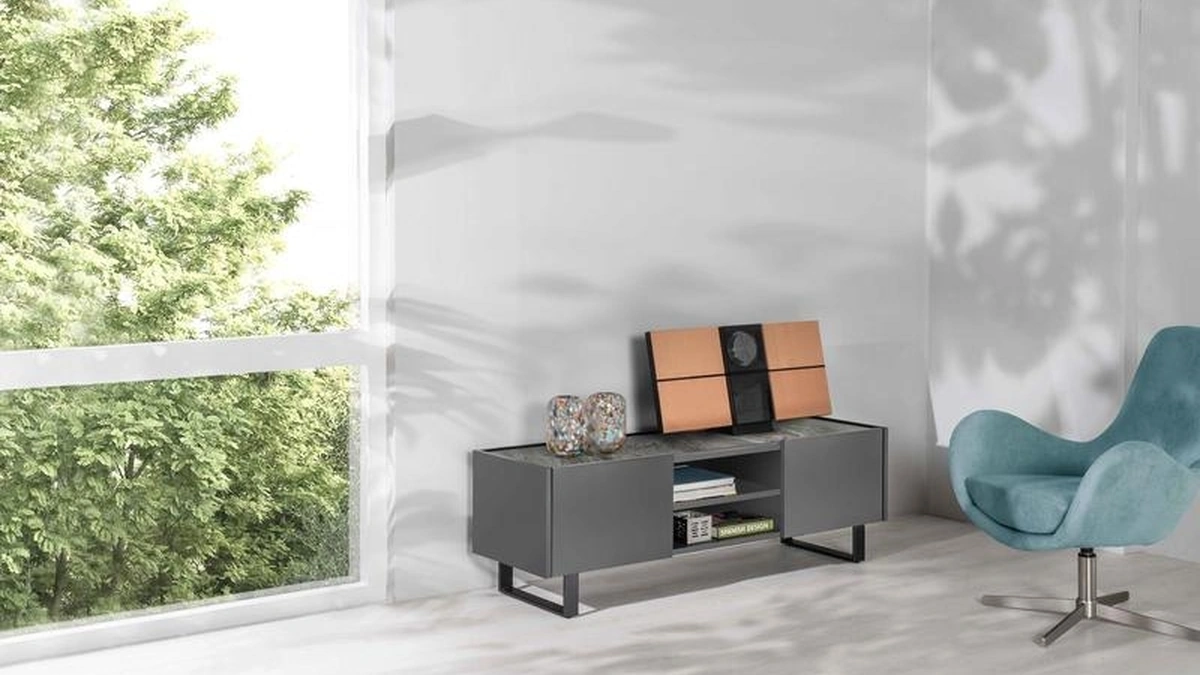 Mobile Porta Tv Pegaso in MDF laccato grigio con top in ceramica marmo grigio di Stones