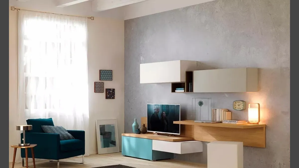 Parete Attrezzata moderna in essenza legno d'olmo abbinata al laccato dei wallbox LV107 Moretti Compact