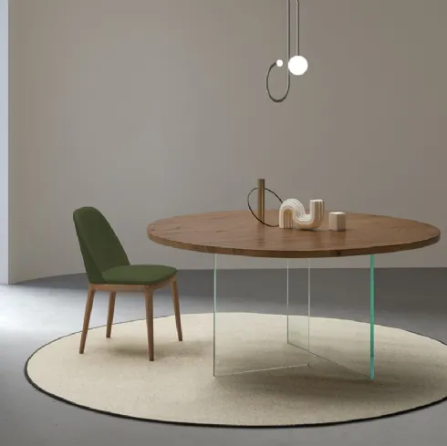 Tavolo Smart Rotondo con piano in legno e base in vetro trasparente di Devina Nais
