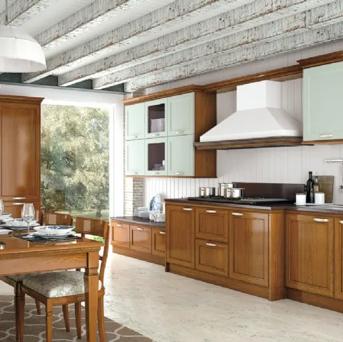 Cucina Classica lineare bicolore in legno naturale e laccato bianco I Ciliegi composizione 5 di Le Fablier