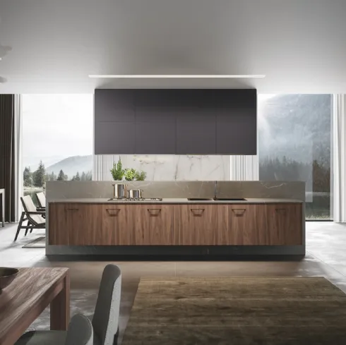 Cucina Moderna lineare sospesa Genesi 02 in melaminico finitura Biondo e Lava con top in pietra naturale di Home Cucine