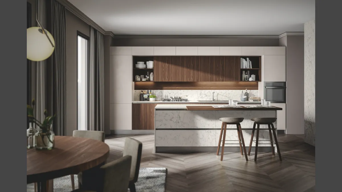 Cucina Moderna con isola Genesi 06 in melaminico e Pet laccato opaco di Home Cucine