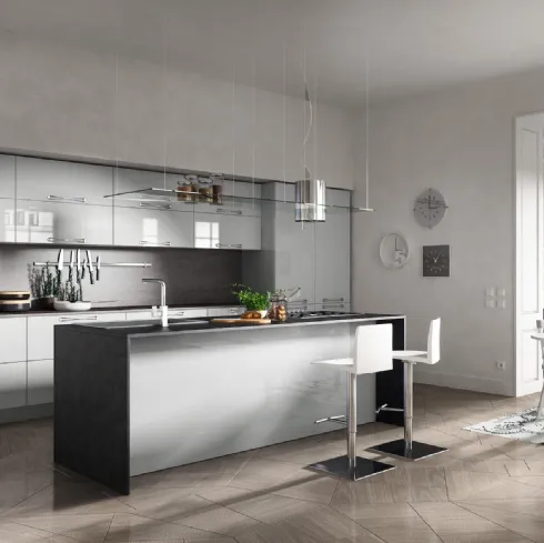 Cucina Moderna con isola Reflexa 07 in laminato Titanio con top finitura  Black Rock di Home Cucine