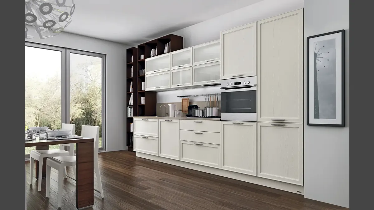 Cucina lineare su misura in legno laccato Bianco opaco Melograno Cucina composizione 1 di Le Fablier